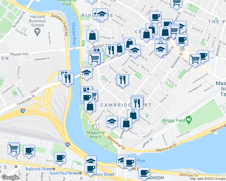 map of restaurants, bars, coffee shops, grocery stores, and more near 408-410 Putnam Avenue in Cambridge