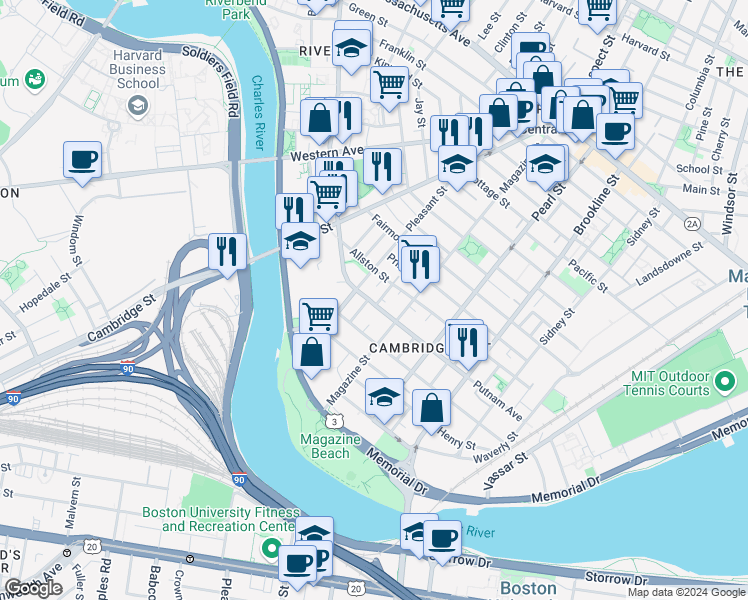 map of restaurants, bars, coffee shops, grocery stores, and more near 408-410 Putnam Avenue in Cambridge