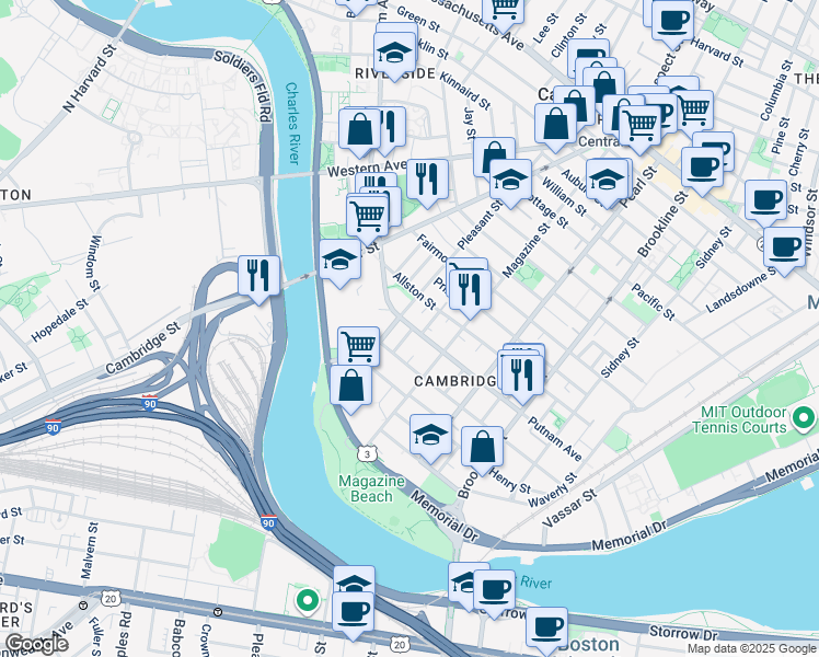 map of restaurants, bars, coffee shops, grocery stores, and more near 408-410 Putnam Avenue in Cambridge