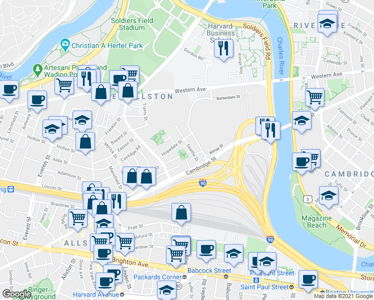 map of restaurants, bars, coffee shops, grocery stores, and more near 40 Seattle Street in Boston