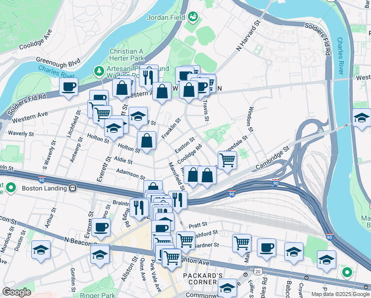 map of restaurants, bars, coffee shops, grocery stores, and more near 24 Easton Street in Brookline