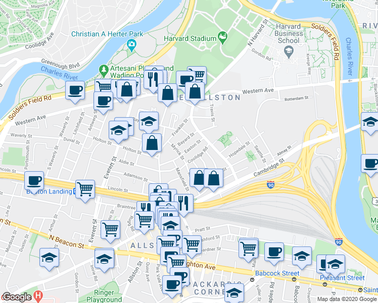 map of restaurants, bars, coffee shops, grocery stores, and more near 24 Easton Street in Brookline