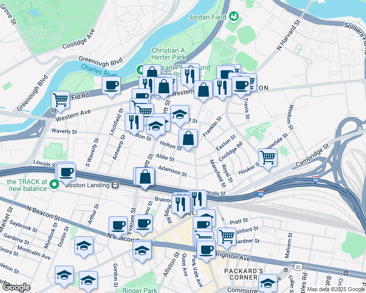 map of restaurants, bars, coffee shops, grocery stores, and more near 52 Athol Street in Boston