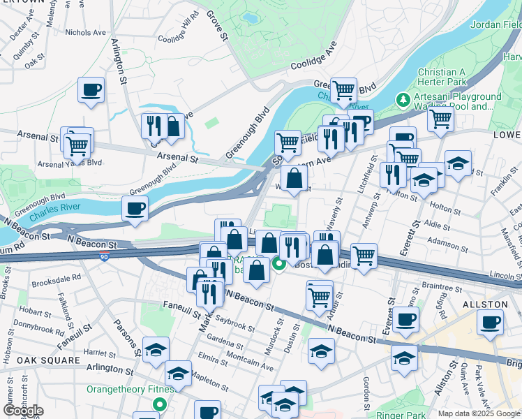 map of restaurants, bars, coffee shops, grocery stores, and more near 58 Leo M Birmingham Parkway in Boston