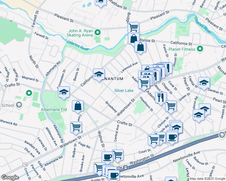 map of restaurants, bars, coffee shops, grocery stores, and more near 280 Nevada Street in Newton