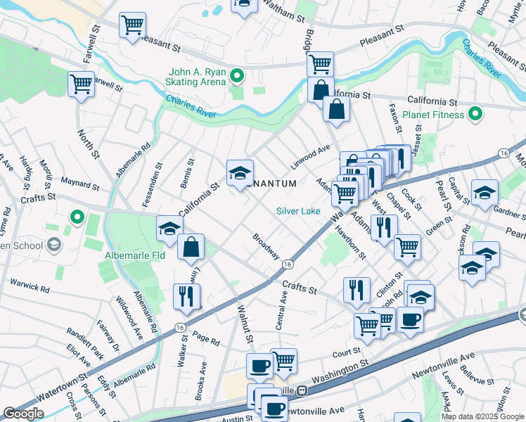 map of restaurants, bars, coffee shops, grocery stores, and more near 224 Linwood Avenue in Newton
