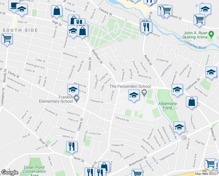 map of restaurants, bars, coffee shops, grocery stores, and more near 29 Hatfield Road in Newton