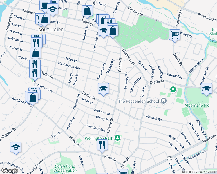map of restaurants, bars, coffee shops, grocery stores, and more near 49 Jerome Avenue in Newton