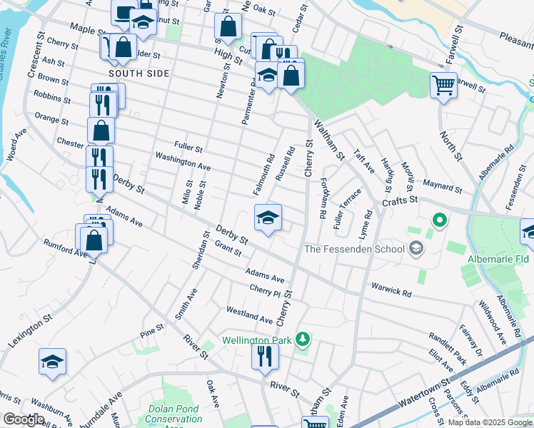 map of restaurants, bars, coffee shops, grocery stores, and more near 49 Jerome Avenue in Newton