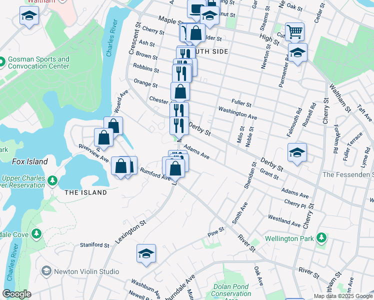 map of restaurants, bars, coffee shops, grocery stores, and more near 30 Adams Avenue in Newton