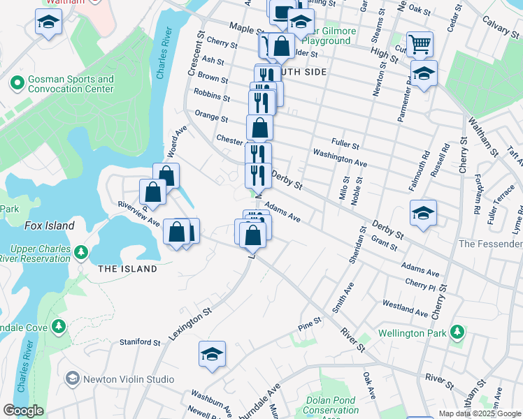 map of restaurants, bars, coffee shops, grocery stores, and more near 901 Moody Street in Waltham