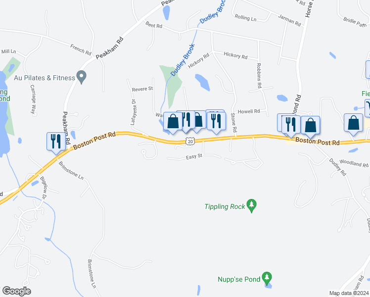 map of restaurants, bars, coffee shops, grocery stores, and more near 725 Boston Post Road in Sudbury