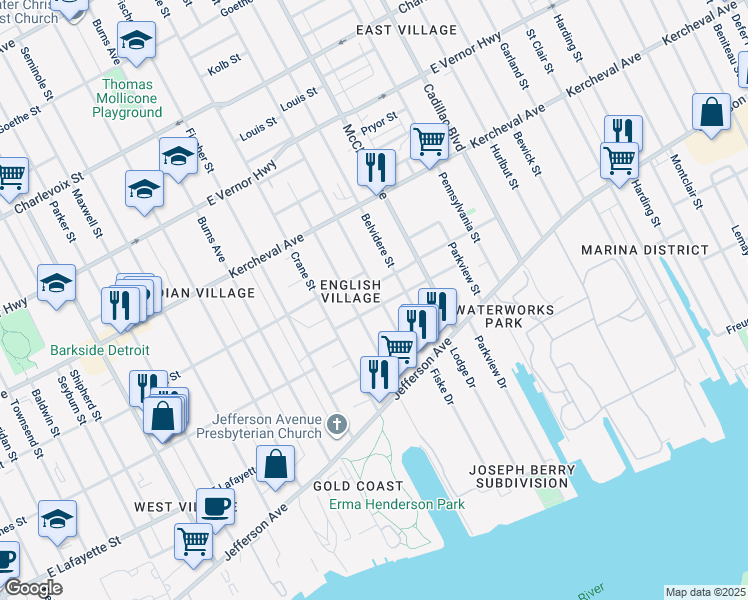 map of restaurants, bars, coffee shops, grocery stores, and more near 1400 Holcomb Street in Detroit