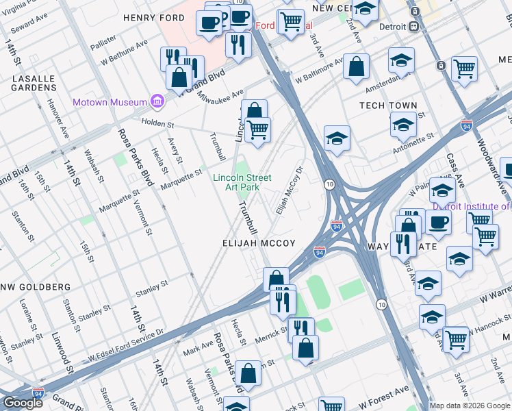 map of restaurants, bars, coffee shops, grocery stores, and more near 5808 Lincoln Street in Detroit