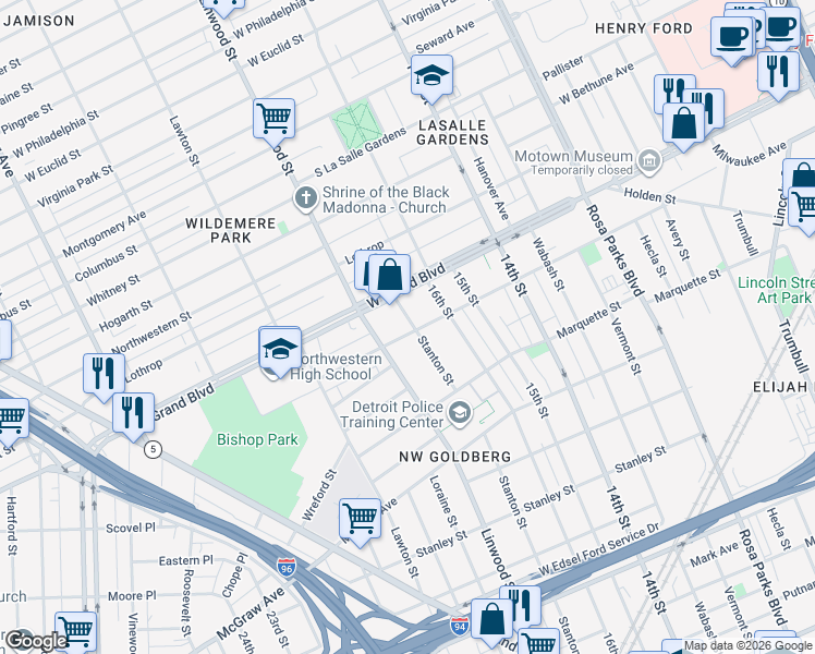 map of restaurants, bars, coffee shops, grocery stores, and more near 6537 Stanton Street in Detroit