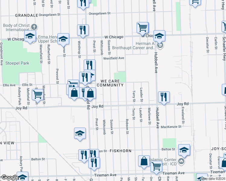 map of restaurants, bars, coffee shops, grocery stores, and more near 8919 Coyle Street in Detroit
