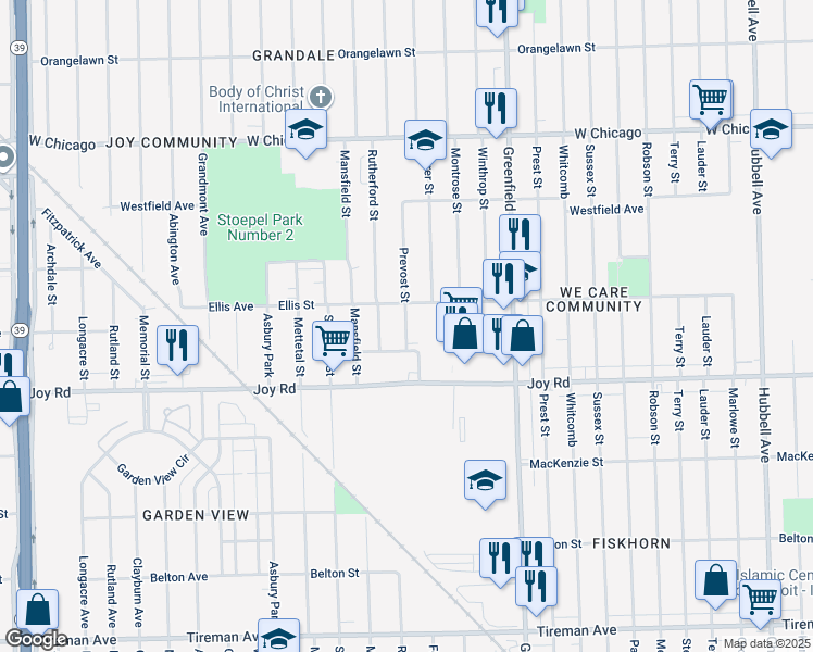 map of restaurants, bars, coffee shops, grocery stores, and more near 8940 Rutherford Street in Detroit