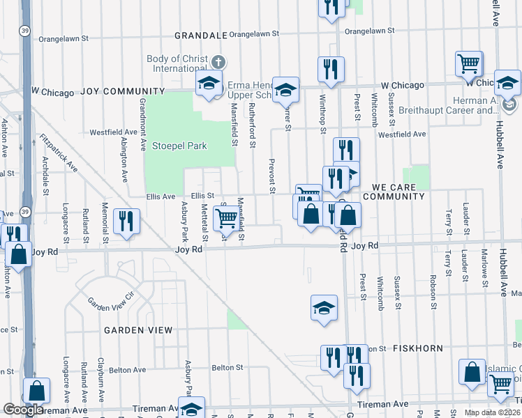 map of restaurants, bars, coffee shops, grocery stores, and more near 8940 Rutherford Street in Detroit