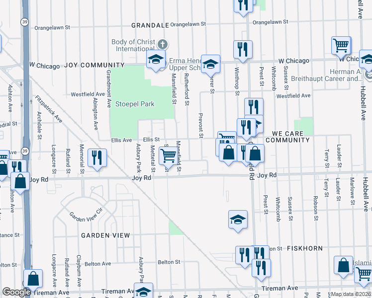 map of restaurants, bars, coffee shops, grocery stores, and more near 8940 Rutherford Street in Detroit
