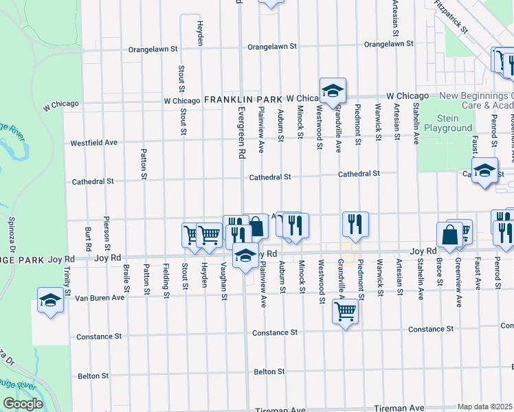 map of restaurants, bars, coffee shops, grocery stores, and more near 9045 Plainview Avenue in Detroit