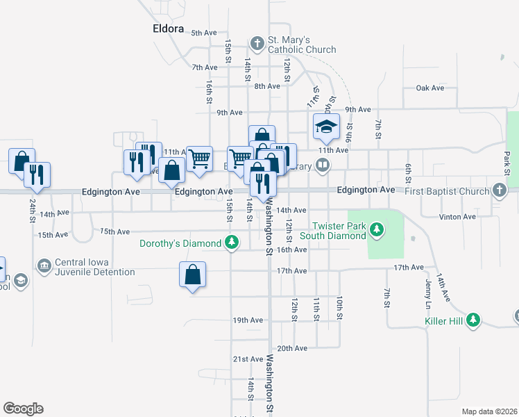map of restaurants, bars, coffee shops, grocery stores, and more near 1301 14th Street in Eldora