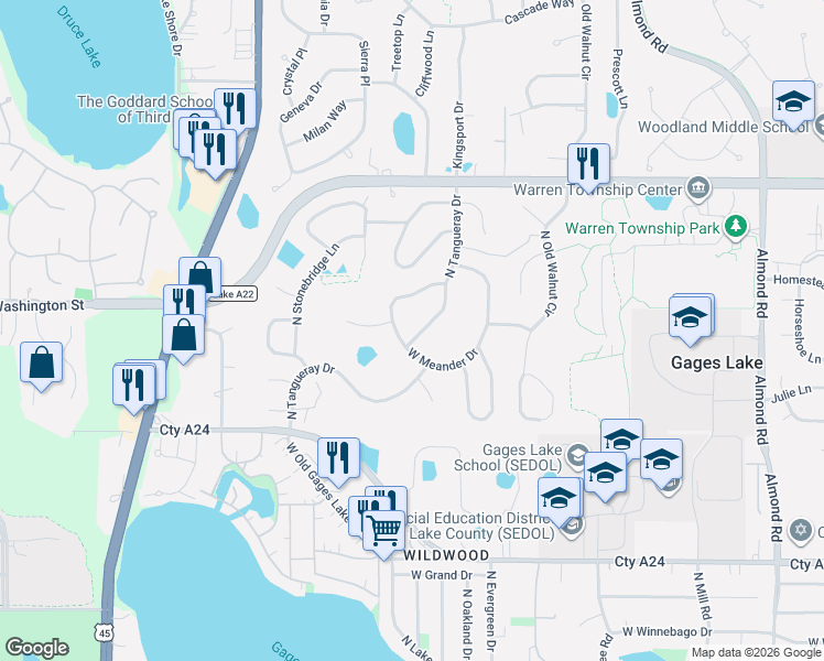 map of restaurants, bars, coffee shops, grocery stores, and more near 34414 Tangueray Drive in Gages Lake