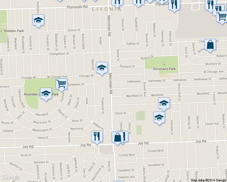 map of restaurants, bars, coffee shops, grocery stores, and more near 31395 Minton in Livonia