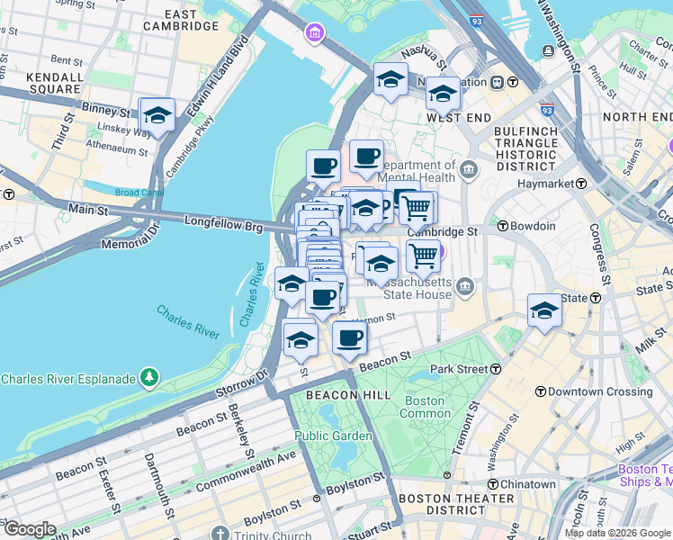 map of restaurants, bars, coffee shops, grocery stores, and more near 67 West Cedar Street in Boston