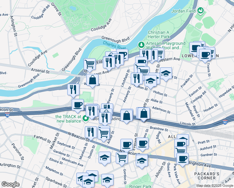 map of restaurants, bars, coffee shops, grocery stores, and more near 25 Duval Street in Boston
