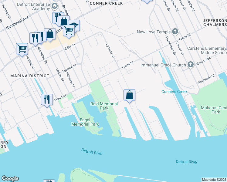map of restaurants, bars, coffee shops, grocery stores, and more near Sea Breeze Drive in Detroit