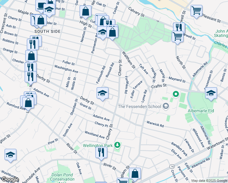 map of restaurants, bars, coffee shops, grocery stores, and more near 16 Barbara Road in Newton