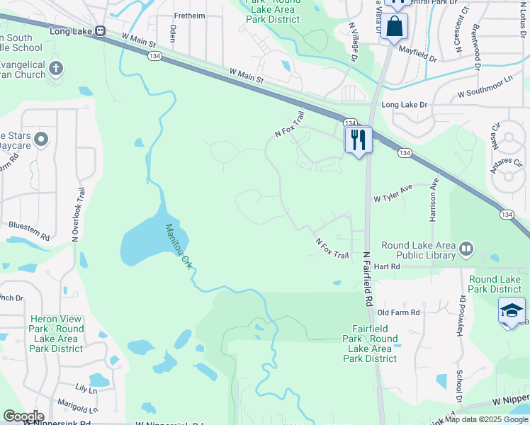 map of restaurants, bars, coffee shops, grocery stores, and more near 1425 Remington Lane in Round Lake