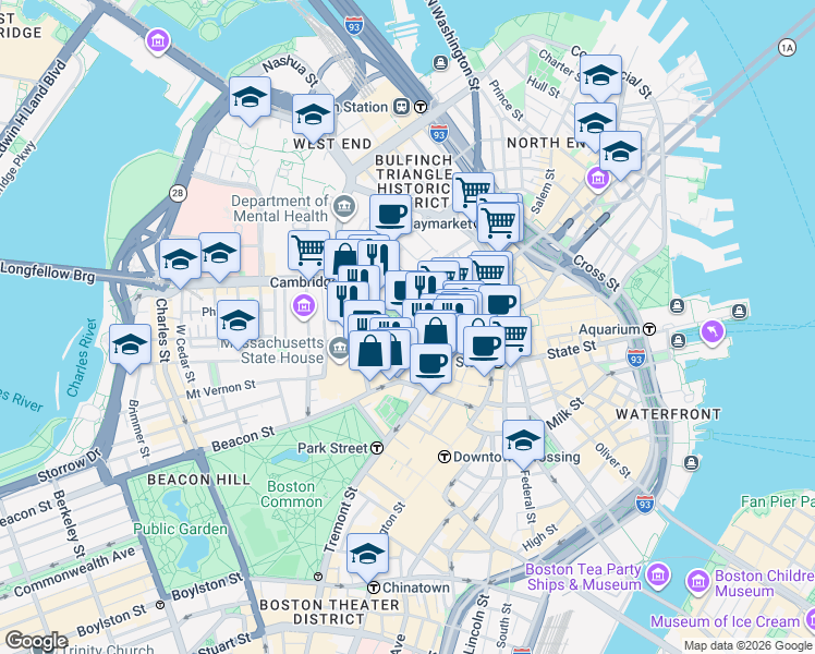 map of restaurants, bars, coffee shops, grocery stores, and more near 3 Pemberton Square in Boston