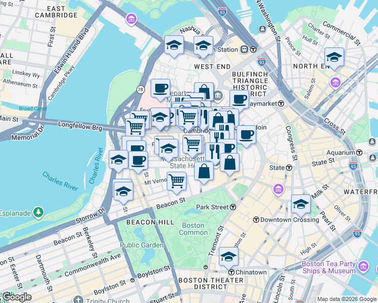 map of restaurants, bars, coffee shops, grocery stores, and more near 72 Joy Street in Boston