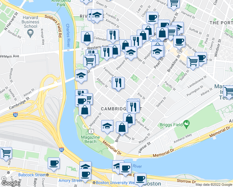 map of restaurants, bars, coffee shops, grocery stores, and more near Magazine St & Allston St in Cambridge