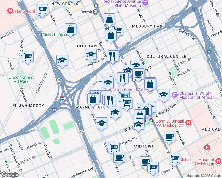map of restaurants, bars, coffee shops, grocery stores, and more near 441 Gilmour Mall in Detroit