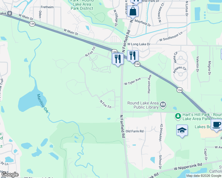 map of restaurants, bars, coffee shops, grocery stores, and more near 1260 West Black Wolf Road in Round Lake