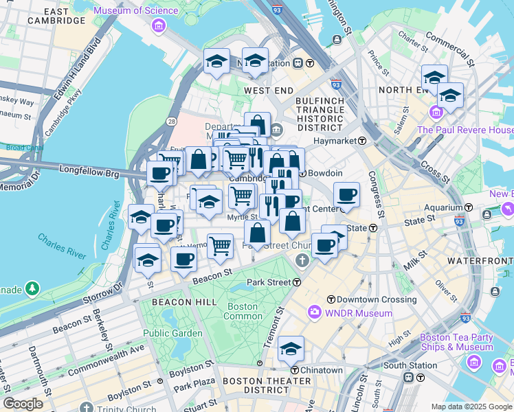 map of restaurants, bars, coffee shops, grocery stores, and more near 43 Joy Street in Boston