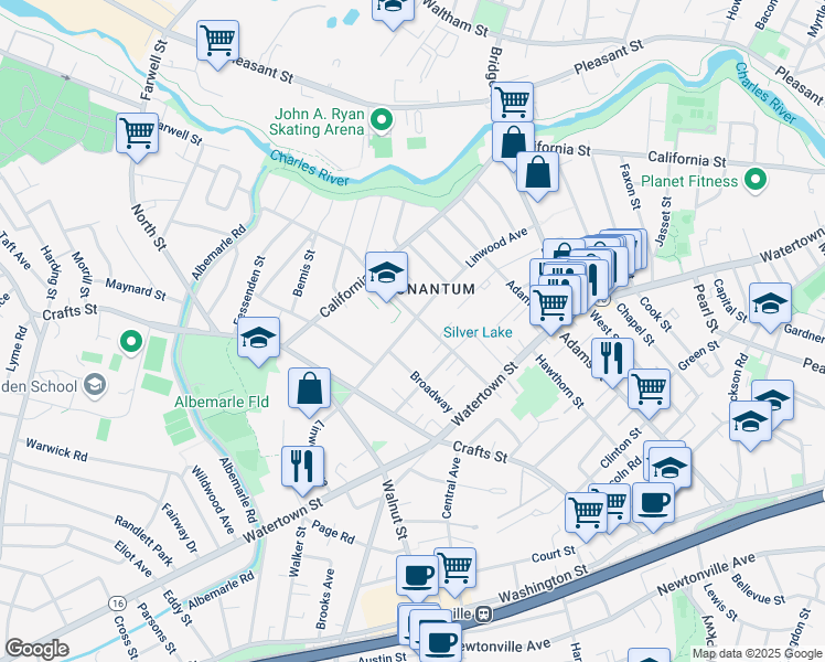 map of restaurants, bars, coffee shops, grocery stores, and more near 224 Linwood Avenue in Newton