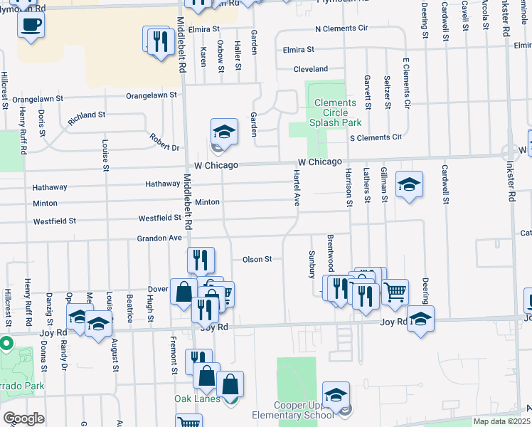 map of restaurants, bars, coffee shops, grocery stores, and more near 28912 Westfield Street in Livonia