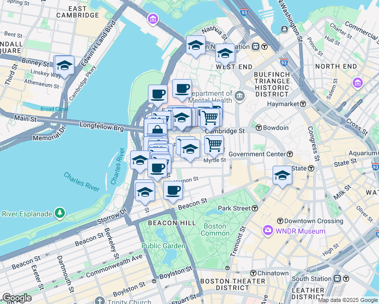map of restaurants, bars, coffee shops, grocery stores, and more near 41 Anderson Street in Boston