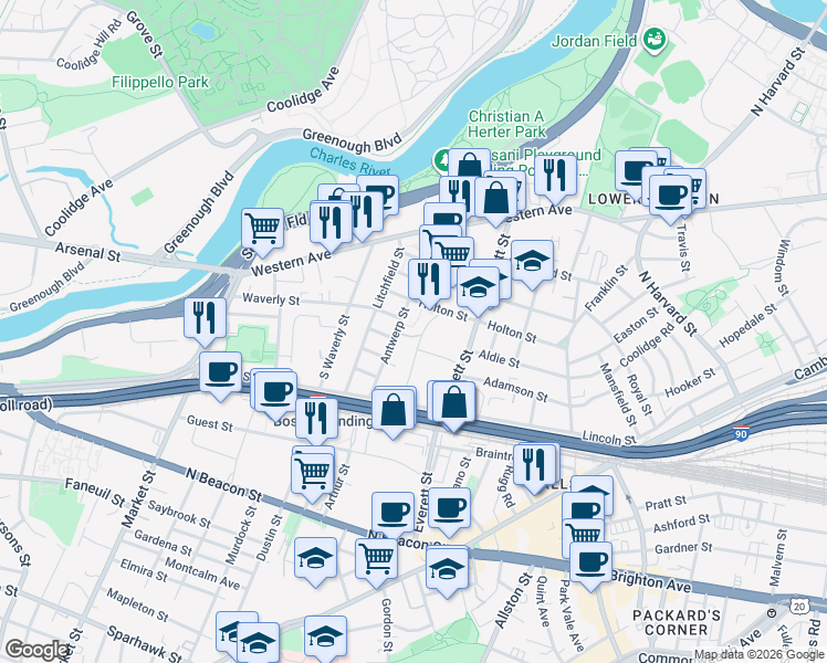 map of restaurants, bars, coffee shops, grocery stores, and more near 94-108 Holton Street in Boston