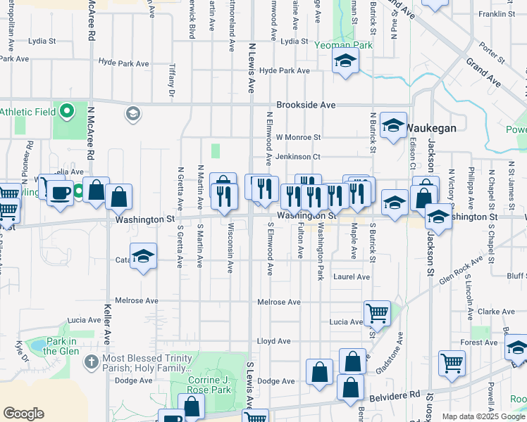 map of restaurants, bars, coffee shops, grocery stores, and more near 1806 Washington Street in Waukegan