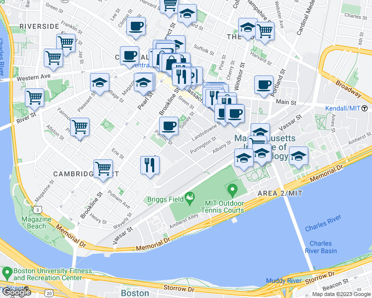 map of restaurants, bars, coffee shops, grocery stores, and more near 88 Sidney Street in Cambridge