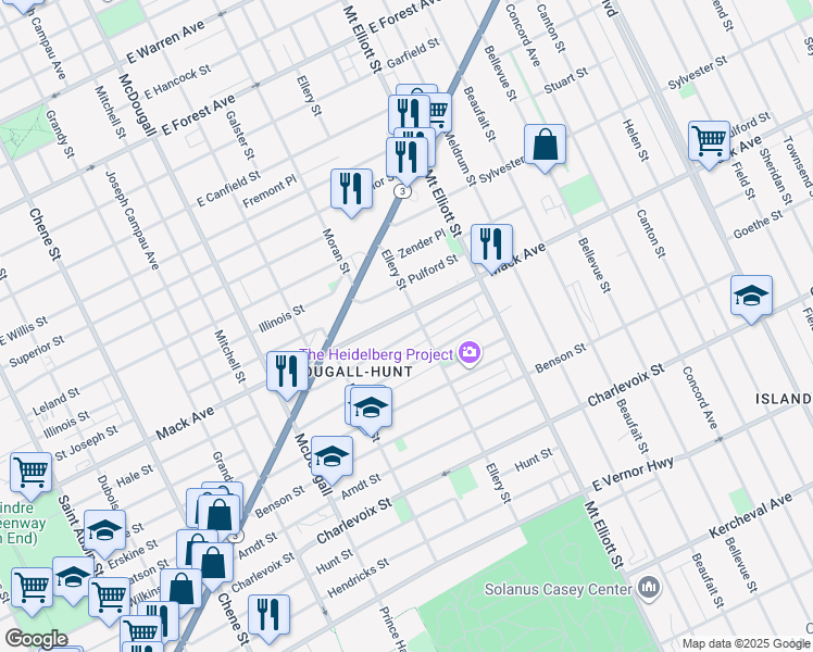 map of restaurants, bars, coffee shops, grocery stores, and more near 3487 Mack Avenue in Detroit