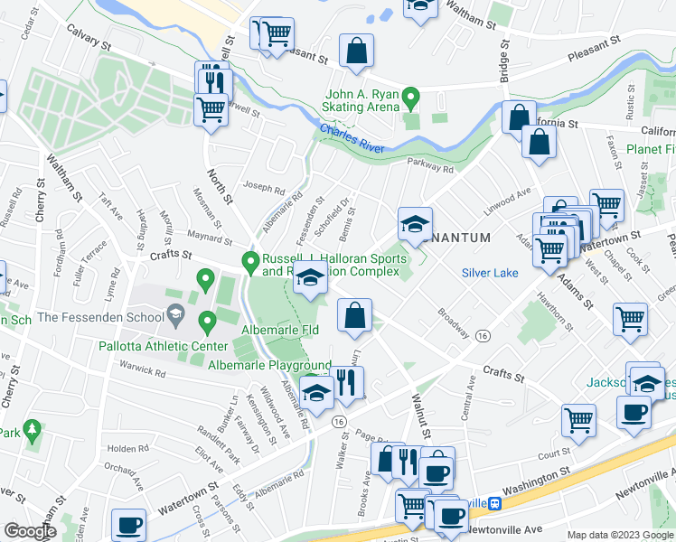 map of restaurants, bars, coffee shops, grocery stores, and more near 613 California Street in Newton
