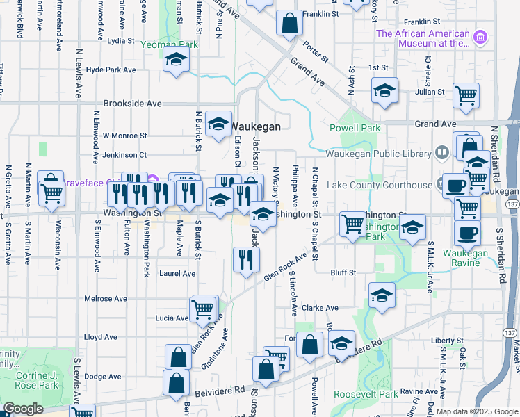 map of restaurants, bars, coffee shops, grocery stores, and more near 9 North Jackson Street in Waukegan