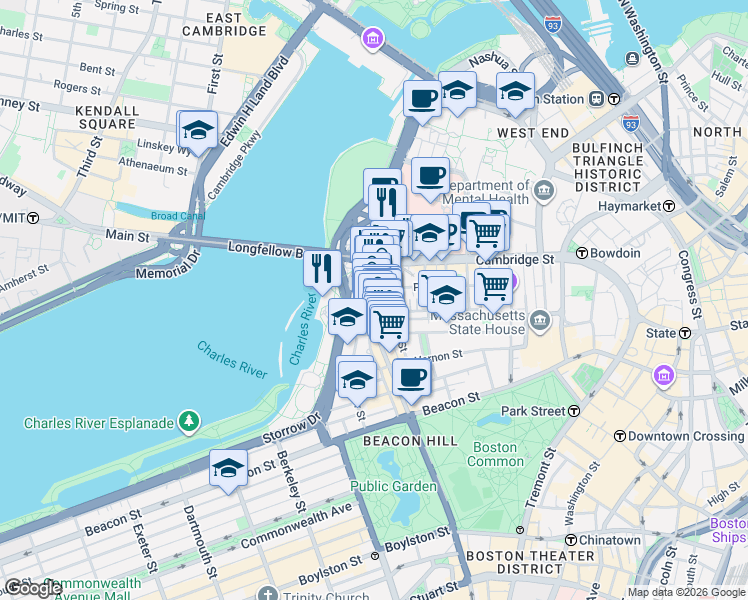 map of restaurants, bars, coffee shops, grocery stores, and more near 144 Charles Street in Boston