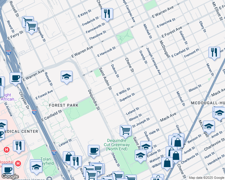 map of restaurants, bars, coffee shops, grocery stores, and more near 4234 Saint Aubin Street in Detroit