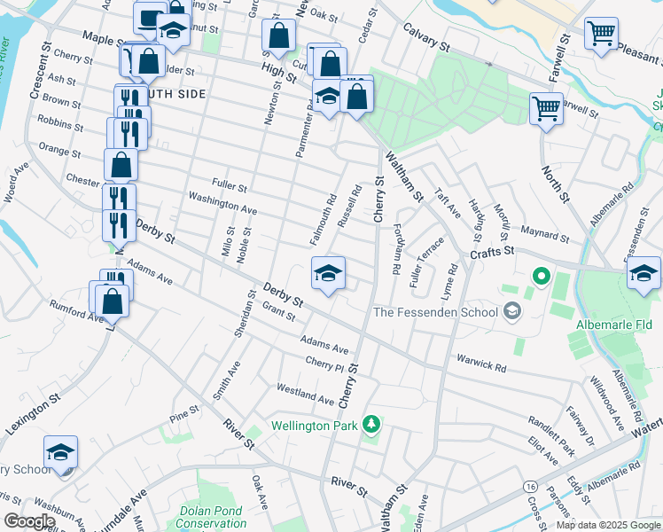 map of restaurants, bars, coffee shops, grocery stores, and more near 49 Jerome Avenue in Newton
